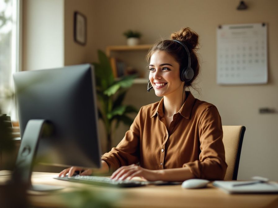Freundliche Büromitarbeiterin am Schreibtisch